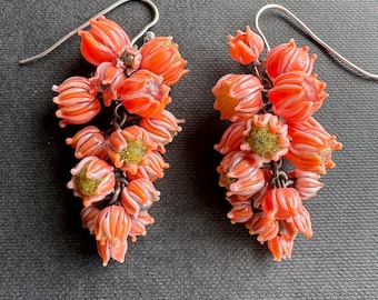 Grand coral-glass blossom cluster earrings