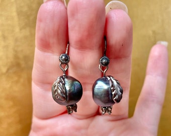 Metallic black Glass Pomegranate Earrings
