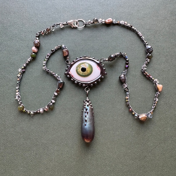 Green Eyeball pendant necklace with metallic teardrop