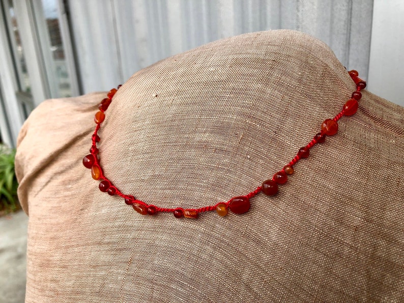 Red crochet silk and carnelian necklace image 5