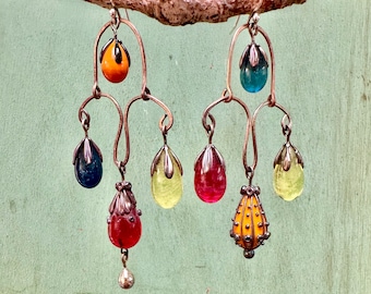 Aqua and teal glass chandelier earrings