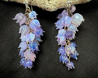 Purple glass wisteria blossom cluster earrings