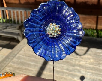Cobalt blue flameworked glass flower