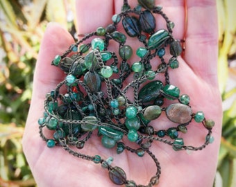 Long crocheted necklace with Aventurine, Apatite, Emerald and Moss Agate Gemstone Beads