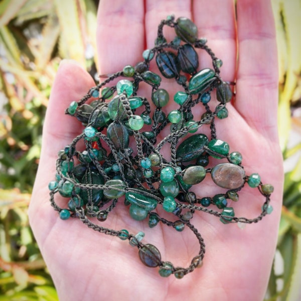 Long crocheted necklace with Aventurine, Apatite, Emerald and Moss Agate Gemstone Beads