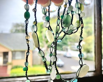 Long crocheted necklace with Aventurine, Apatite, Emerald and Chrysoprase Gemstone Beads