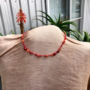 Red crochet silk and carnelian necklace image 1