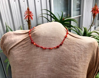Red crochet silk and carnelian necklace