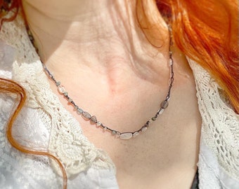 Moonstone and neutral gemstone hand knotted crochet necklace.