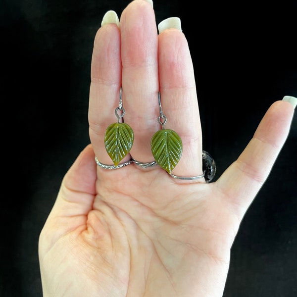 green glass lampwork leaf earrings