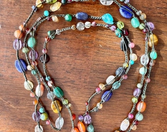 Long Multicolored gemstone Crochet Strand Necklace