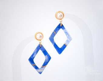 Handmade Porcelain Drop Earrings: Blue Diamond Ceramic Jewelry
