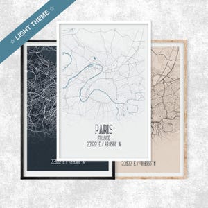 Carte de Paris, thème clair, impression de carte de France coordonnées, Scandinavie, 3e arrondissement, voyage à Paris, déco Paris