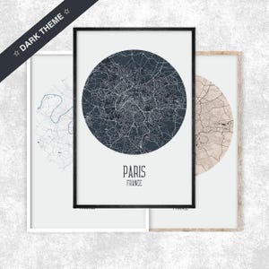 Mapa de París con tema oscuro, impresión circular de mapa de Francia, escandinavo, Distrito 3, viajes a París, decoración de París