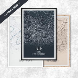 Mapa de París con tema oscuro, impresión de mapa de Francia con coordenadas, escandinavo, distrito 3, viajes a París, decoración de París