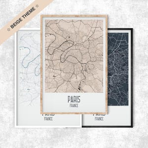 Carte de Paris à thème beige, impression minimaliste de carte de France, Scandinavie, 3e arrondissement, voyage à Paris, déco Paris