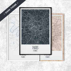 Mapa de París con temática oscura, impresión minimalista de mapa de Francia, escandinavo, Distrito 3, viajes a París, decoración de París