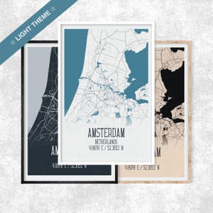 Licht Thema Amsterdam Karte, Koordinaten Karte Poster, Niederlande Karte Druck, Poster, Minimal, Stadt, Stadtplan