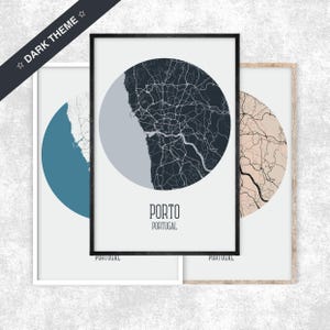 Donker thema Porto-kaart, cirkelkaartposter, kaartprint Portugal, reizen Porto, minimalistische kaart, stadskaart Porto, stadskaart