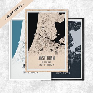 Carte d'Amsterdam thème beige, coordonnées de carte d'affiche, impression carte des Pays-Bas, affiche, minimal, ville, plan de la ville