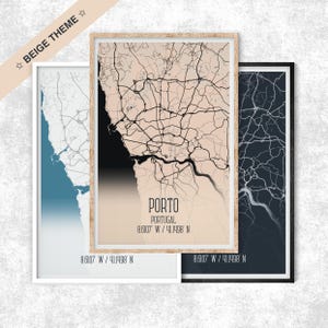Carte de Porto thème beige, coordonnées carte affiche, impression carte du Portugal, voyage à Porto, carte minimaliste, plan de la ville de Porto, plan de la ville