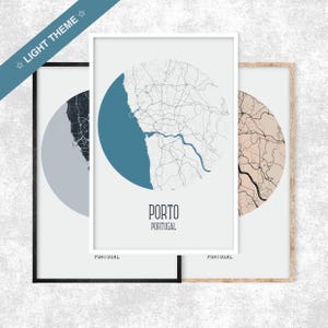 Mapa de Oporto con tema claro, póster de mapa circular, impresión de mapa de Portugal, viaje a Oporto, mapa minimalista, mapa de la ciudad de Oporto, mapa de la ciudad
