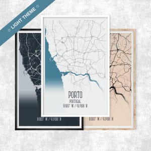 Mapa de Oporto con tema claro, póster de mapa de coordenadas, impresión de mapa de Portugal, viaje a Oporto, mapa minimalista, mapa de la ciudad de Oporto, mapa de la ciudad