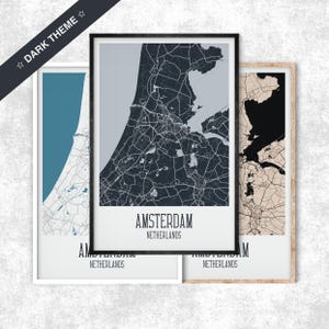 Carte d'Amsterdam, thème sombre, affiche de carte minimaliste, impression de carte des Pays-Bas, affiche, minimal, ville, plan de la ville