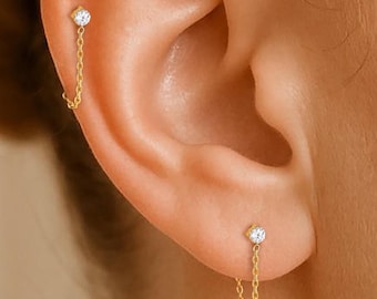 Titanium Dangling Chain Push Pin Stud • 20G/18G/16G Flat Back Earring • Helix Stud • Cartilage Stud