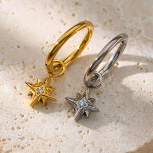 Titanium Starburst Dangle Huggie Earring • Rook Piercing • Tragus Hoop • Helix Hoop • Cartilage Hoop