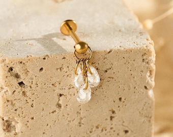 Titanium CZ Charm Push Pin Stud Earring • 20G/18G/16G Flat Back Earring • Helix Stud • Cartilage Stud