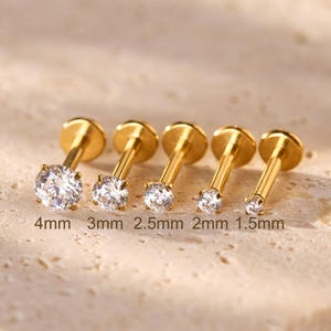 Clou labret en titane CZ •1,5 mm-4 mm• Boucle d'oreille à dos plat • Clou tragus • Clou hélicoïdal • Clou pour cartilage • Clou de nez • 18G/16G
