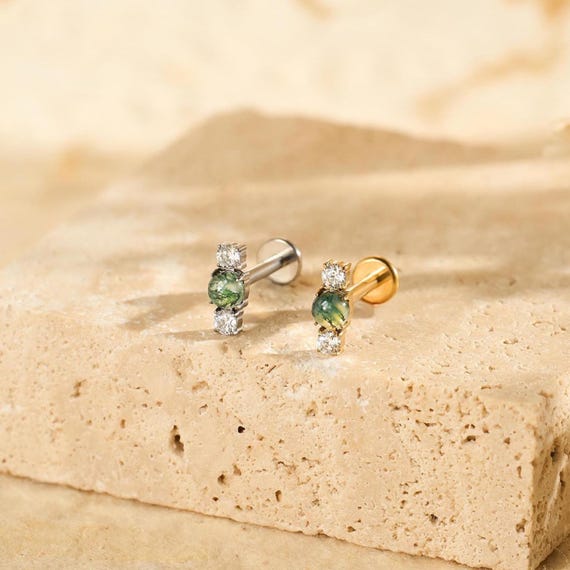 Titanium Moss Agate Push Pin Stud Earring • Flat Back Earring • Tragus Stud • Helix Stud • Cartilage Stud • Nose Stud • 20G/18G/16G