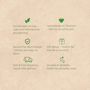May include: A light green background with text and icons. Text includes: Comfortable All Day, Hypoallergenic Titanium, Secure Flat-Back Design, Gift-Ready, Fast & Free Shipping, and Durable & Versatile. Icons include a leaf, a diamond, a shield, a gift box, a truck, and sparkles.