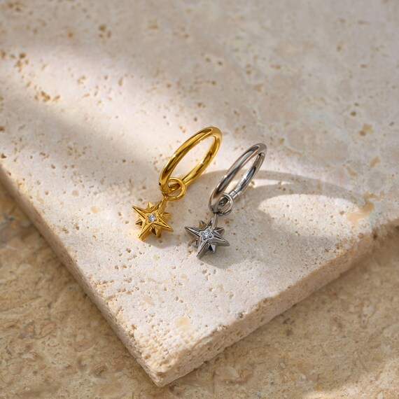Titanium Starburst Dangle Huggie Earring • Rook Piercing • Tragus Hoop • Helix Hoop • Cartilage Hoop
