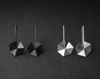 Geometric Sterling Silver Earrings, Geometric Black Earrings, Black Hexagon Earrings, Minimalist Silver Earrings, Architectural Earrings