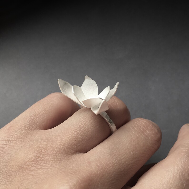 Flower Silver Ring, Sterling Silver Statement Ring, Floral Ring, Orchid Ring, Leaves Ring, Gift for her, Anniversary Gift, Botanical Jewelry image 2