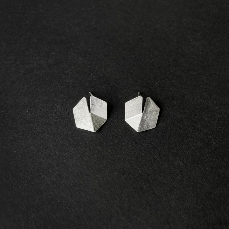 Geometric Sterling Silver Earrings, Geometric black Earrings, Hexagon Earrings, Minimalist Silver Earrings, Architectural Earrings brushed silver