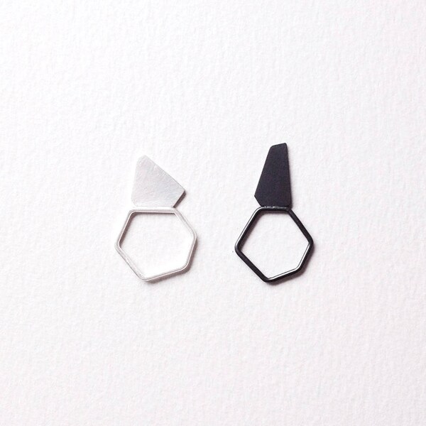 Two Geometric Rings, Sterling Silver Stack Rings, Black and White Rings, Stack Ring Set