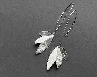 Flower Dangle Earrings, Flower Silver Earrings, Flower Hook Earrings, Silver Drop Earrings, Industrial Earrings, Statement Dangle Earrings