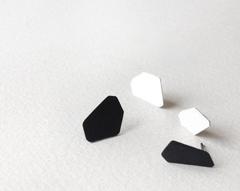 Set of 4 Stud Silver Earrings, Black and White Stud Earrings, Geometric Silver Stud Earrings, Minimalist Sterling Silver Earrings,