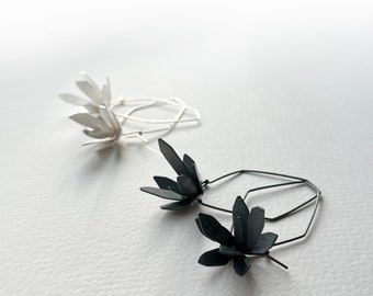 Flower Drop Earrings, Flower Silver Earrings, Silver Drop Earrings, Silver Dangled Earrings, Flower Hoop Earrings, Silver Statement Earrings