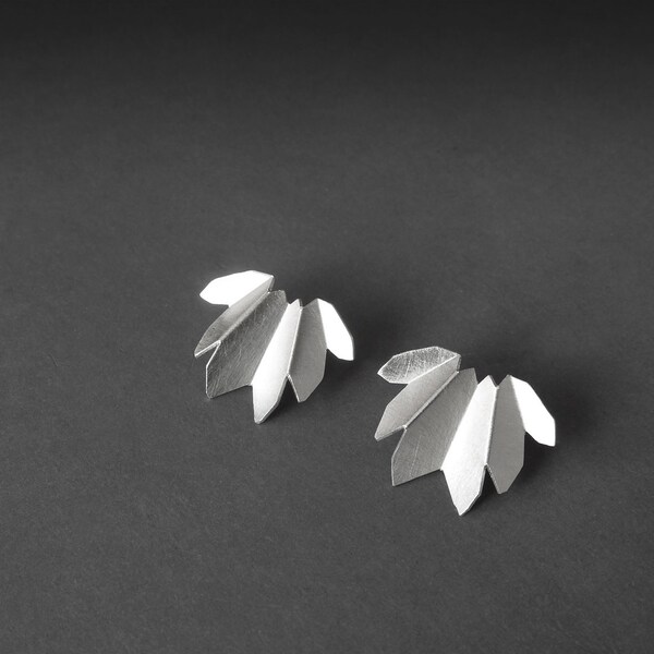 Flower Silver Earrings, Silver Stud Earrings, Leaf Drop Earrings, Botanical Jewelry, Minimalist Earrings, Statement Earrings, Gift for Her