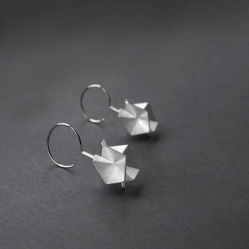 Geometric Silver Earrings, Sterling Silver Hook Earrings, Geometric Drop Earrings, Minimalist Silver Earrings, Statement Silver Earrings image 2