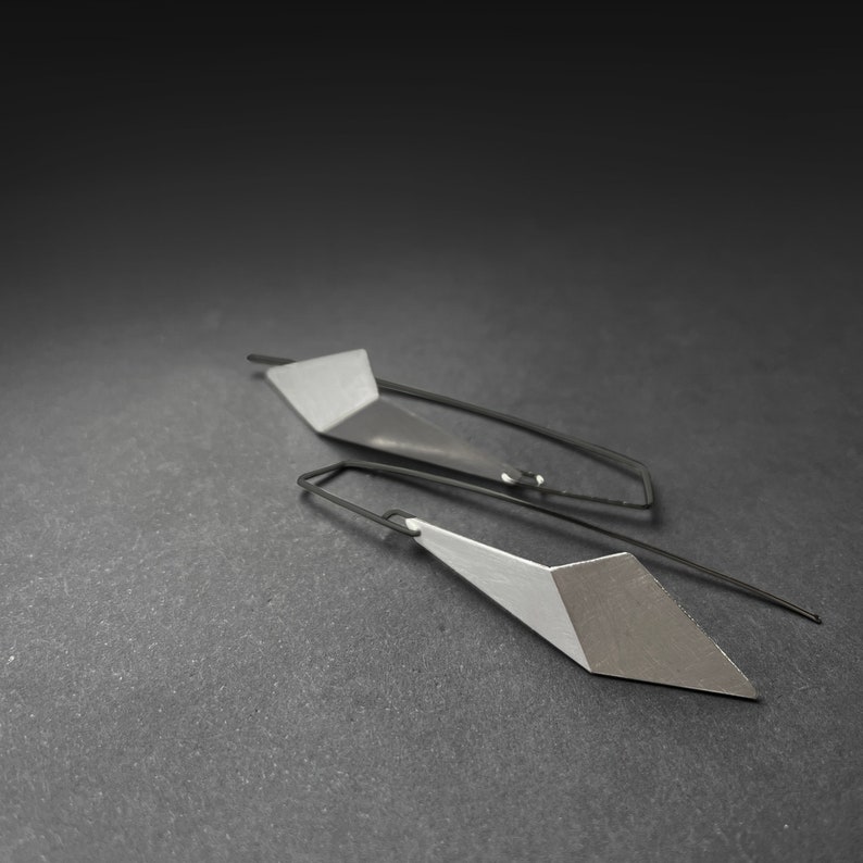 Geometric Hook Earrings, Geometric Silver Earrings, Triangle Drop Earrings, Statement Earrings, Minimalist Earrings, Sculptural Earrings brushed silver