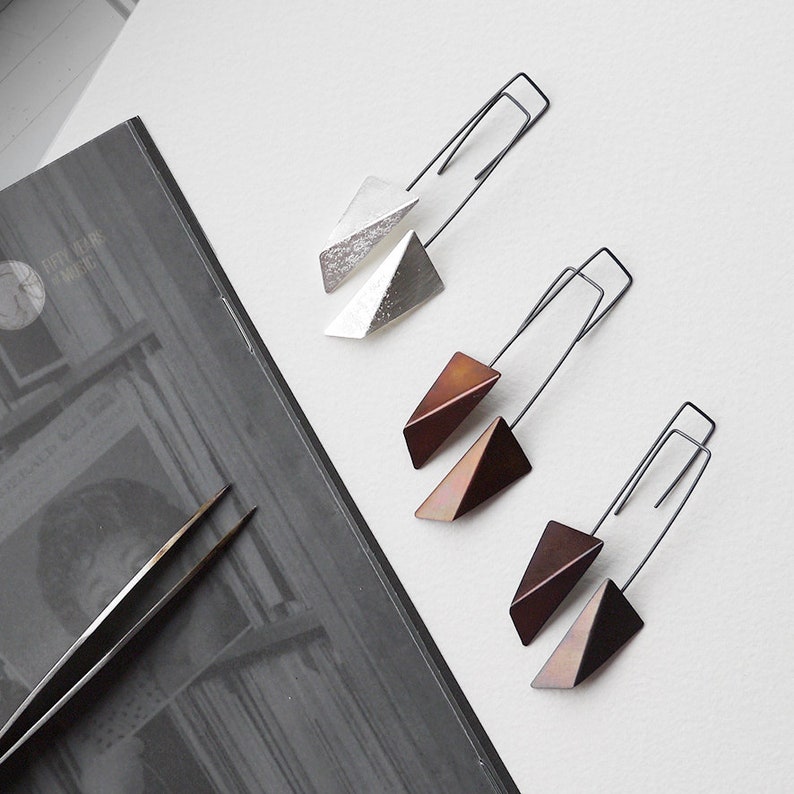 Geometric Copper Earrings, Geometric Silver Earrings, Triangle Dangle Earrings, Statement Earrings, Minimalist Earrings image 5