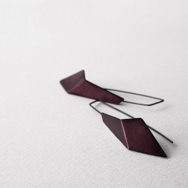 Geometric Hook Earrings, Geometric Silver Earrings, Triangle Drop Earrings, Statement Earrings, Minimalist Earrings, Sculptural Earrings purple copper