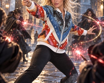 May include: A zip-up bomber jacket featuring a vibrant, abstract paint-splatter pattern in shades of red, blue, and black, with solid white ribbed cuffs, collar, and hem, paired with fitted black trousers and dark boots.