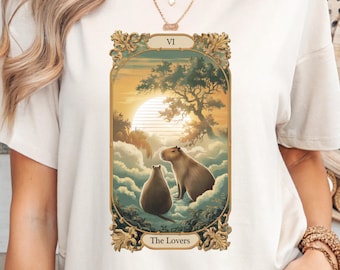 Capybara Tarot Card T-Shirt - The Lovers Graphic Tee, Witchy Astrology Top for Valentine’s Gift