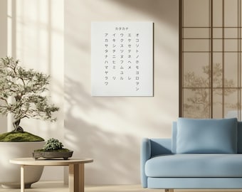 May include: A minimalist interior scene featuring a light blue sofa, a small wooden table, and a bonsai tree. A framed print on the wall displays Japanese characters in black against a white background. The room has a neutral color palette.